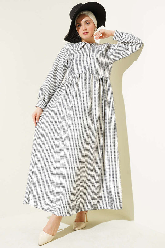 Yarım Düğmeli Bebe Yaka Çizgili Gofre Elbise Siyah