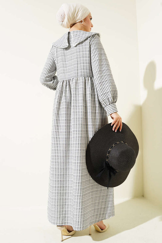 Yarım Düğmeli Bebe Yaka Çizgili Gofre Elbise Siyah