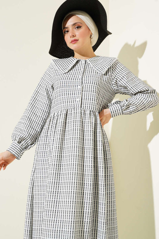 Yarım Düğmeli Bebe Yaka Çizgili Gofre Elbise Siyah