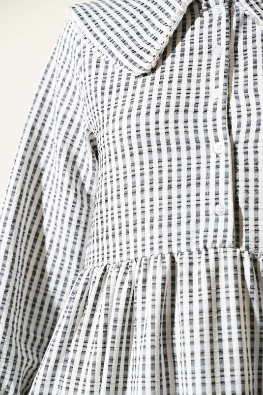 Yarım Düğmeli Bebe Yaka Çizgili Gofre Elbise Siyah