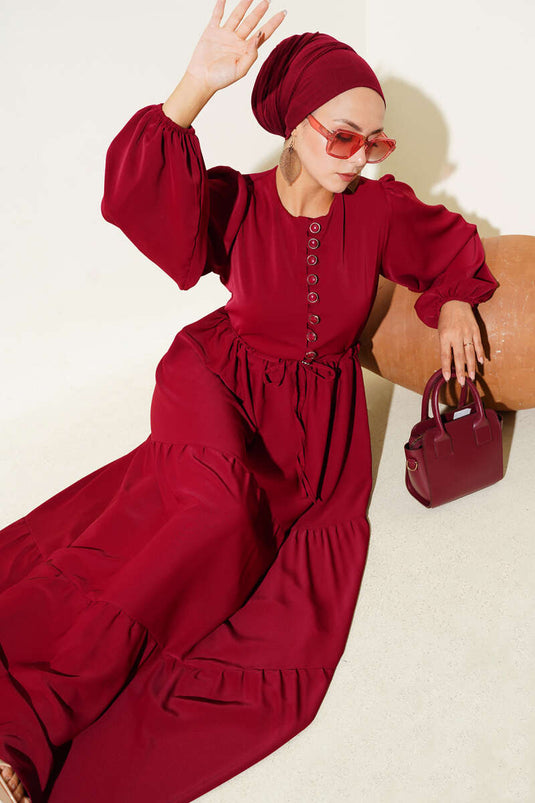 Yarım Düğmeli Belden Tünelli Elbise Bordo