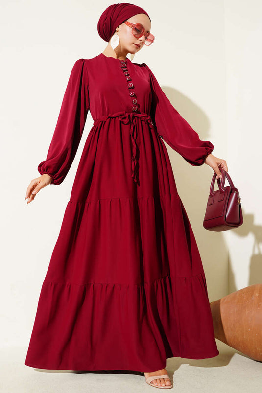 Yarım Düğmeli Belden Tünelli Elbise Bordo