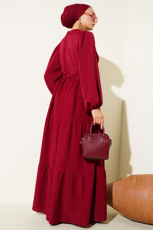 Yarım Düğmeli Belden Tünelli Elbise Bordo