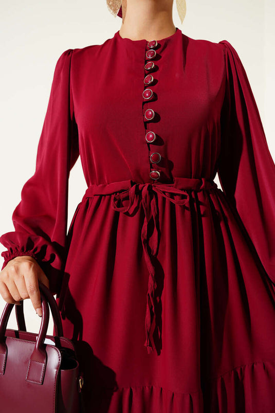 Yarım Düğmeli Belden Tünelli Elbise Bordo