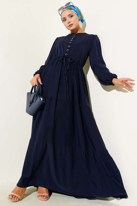 Half Buttoned Waist Tunnel Dress Navy Blue
