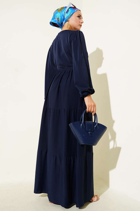 Half Buttoned Waist Tunnel Dress Navy Blue