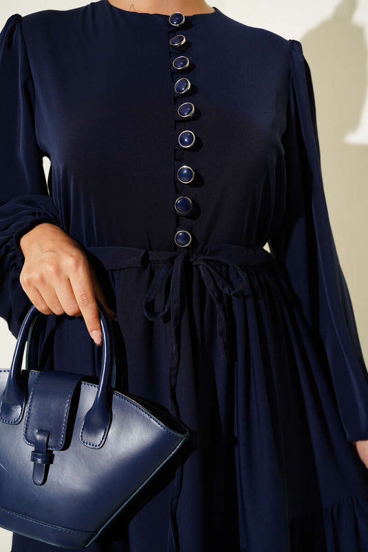 Half Buttoned Waist Tunnel Dress Navy Blue