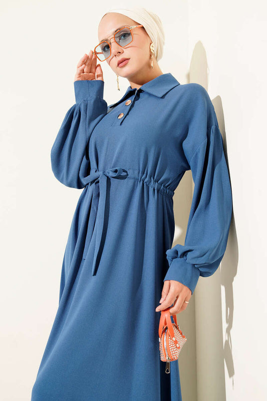 Tunnelkleid mit halbgeknöpfter Taille, Indigo