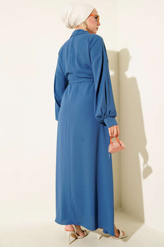 Tunnelkleid mit halbgeknöpfter Taille, Indigo