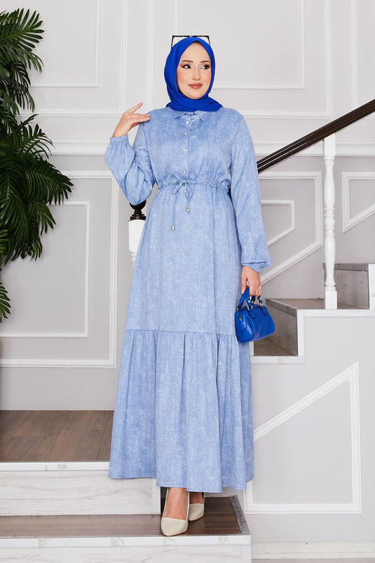 Half Buttoned Bib Modest Dress Light Blue