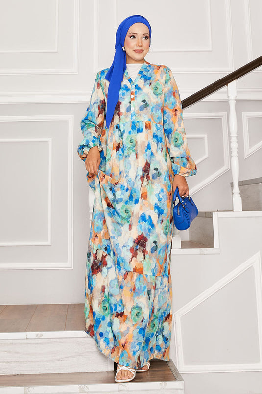 Yarım Düğmeli Çiçek Desenli Modal Elbise Mavi