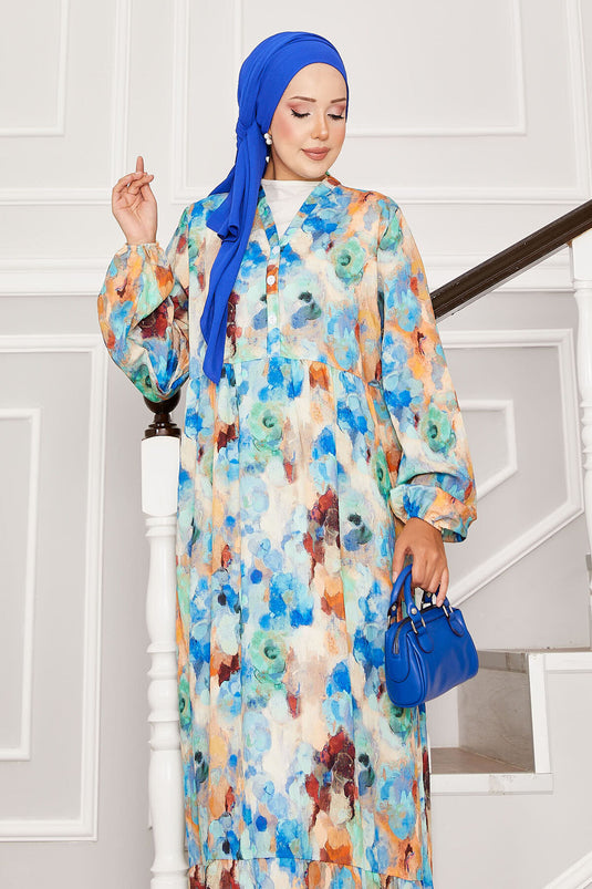 Yarım Düğmeli Çiçek Desenli Modal Elbise Mavi