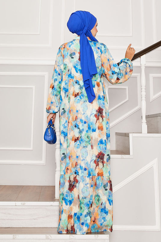 Yarım Düğmeli Çiçek Desenli Modal Elbise Mavi