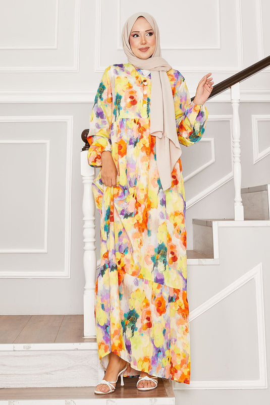 Half Button Floral Modal Dress Yellow