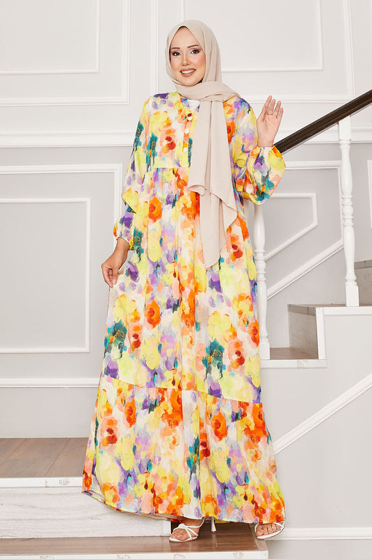 Yarım Düğmeli Çiçek Desenli Modal Elbise Sarı