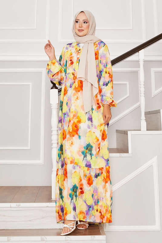 Half Button Floral Modal Dress Yellow