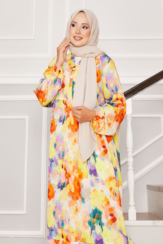 Yarım Düğmeli Çiçek Desenli Modal Elbise Sarı