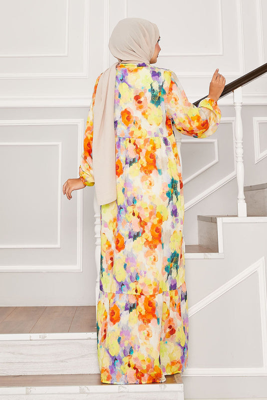 Half Button Floral Modal Dress Yellow