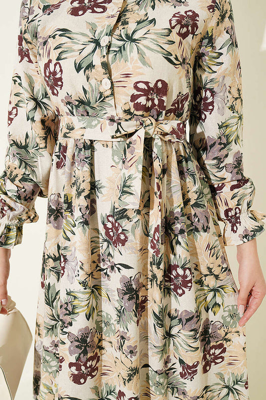 Bordeaux Blumenleinenkleid Mit Halbem Knopf