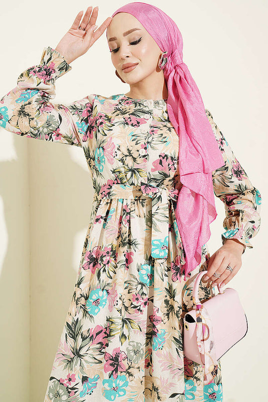 Fuchsia Halbes Knopf Blumen Leinenkleid