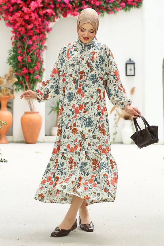 Robe de modest fashion à fleurs avec demi-boutons, couleur terre cuite