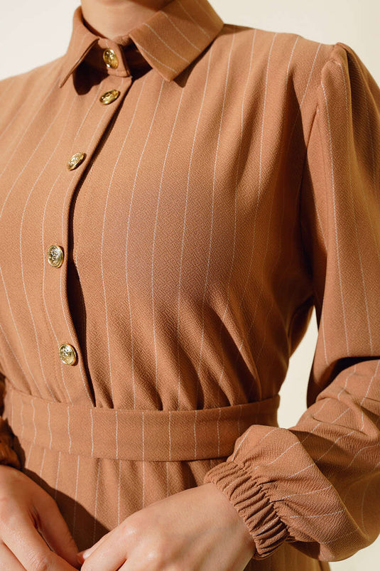 Yarım Düğmeli Çizgili İkili Takım Camel