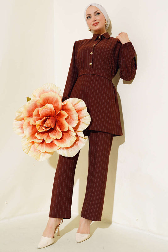 Half Buttoned Striped Two Piece Suit Brown