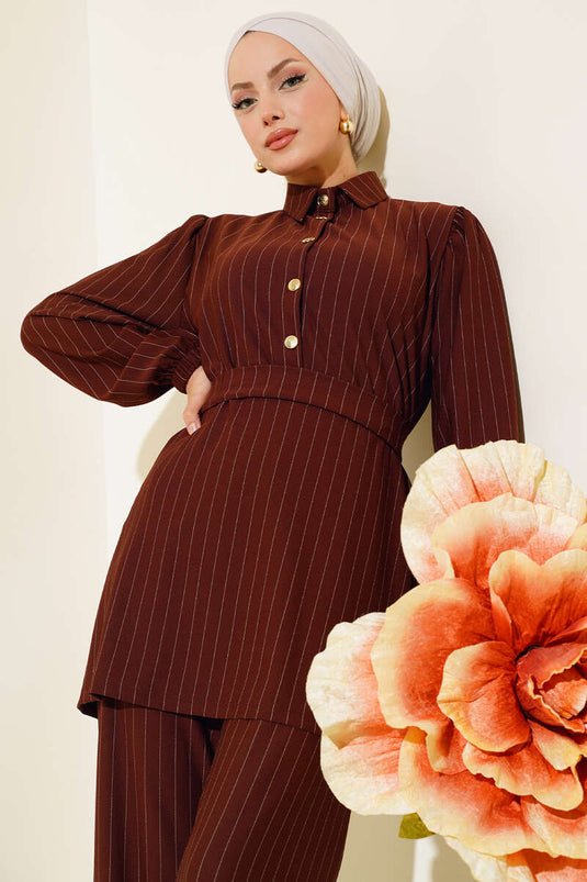 Half Buttoned Striped Two Piece Suit Brown