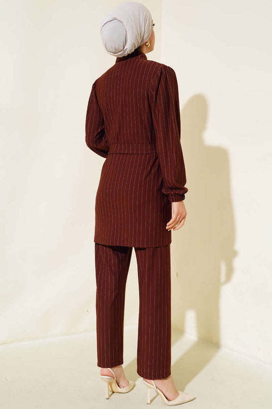 Half Buttoned Striped Two Piece Suit Brown
