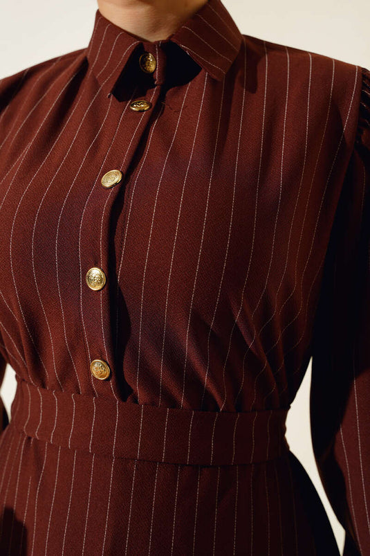 Half Buttoned Striped Two Piece Suit Brown