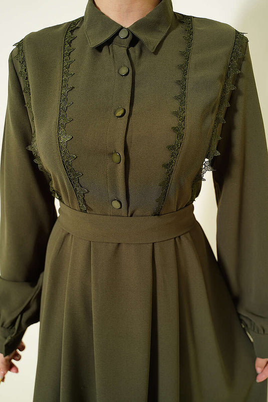 Half-Button Lace Detail Dress Khaki
