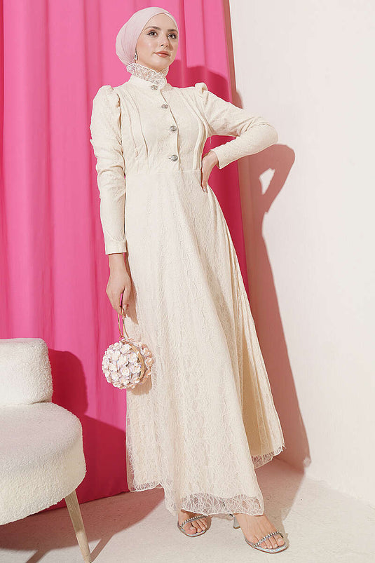 Beige Lace Evening Dress with Half Buttons