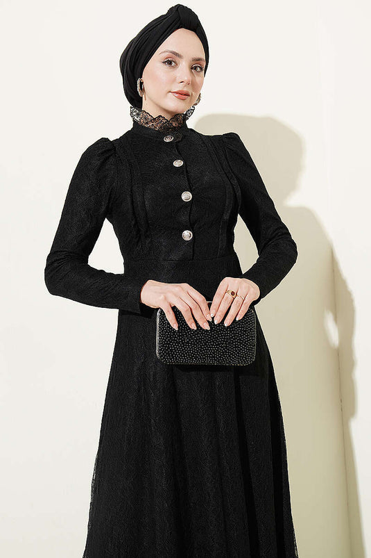 Half-Button Lace Evening Dress Black