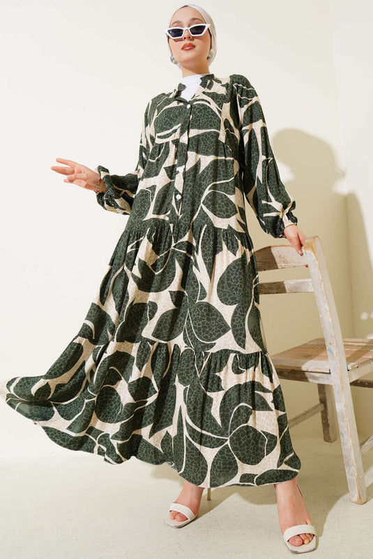 Halbgeknöpftes Kleid mit Musterdetails Khaki