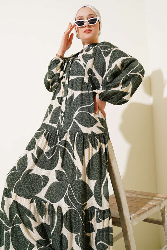 Halbgeknöpftes Kleid mit Musterdetails Khaki