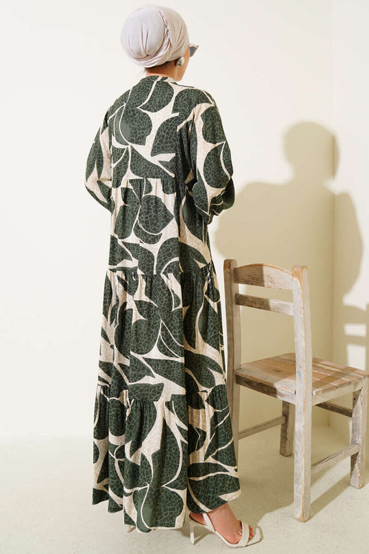 Halbgeknöpftes Kleid mit Musterdetails Khaki