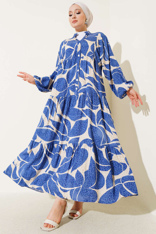 Halbgeknöpftes Kleid mit Musterdetails Blau