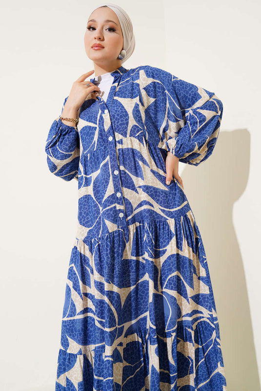 Halbgeknöpftes Kleid mit Musterdetails Blau