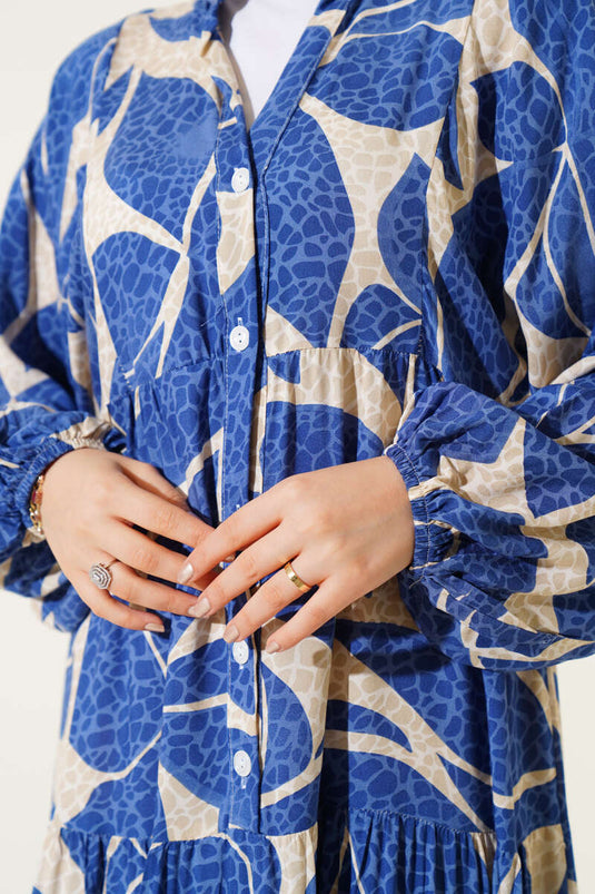 Halbgeknöpftes Kleid mit Musterdetails Blau