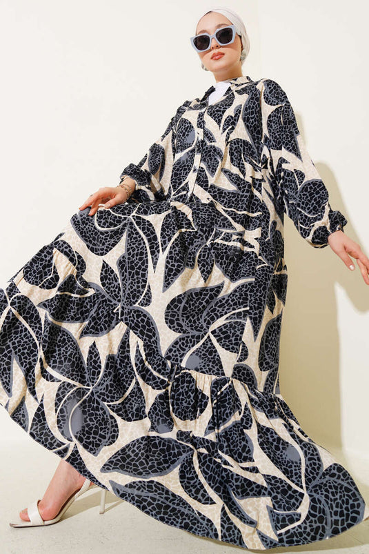 Half Buttoned Pattern Detailed Dress Black