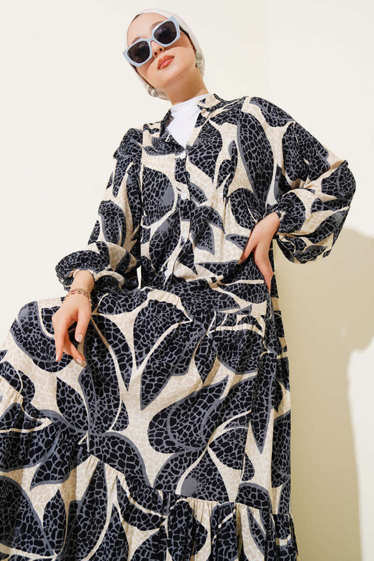 Half Buttoned Pattern Detailed Dress Black