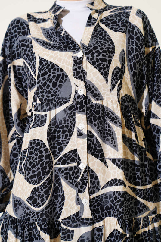 Half Buttoned Pattern Detailed Dress Black