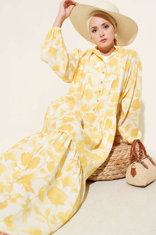 Yarım Düğmeli Ebruli Desen Elbise Sarı