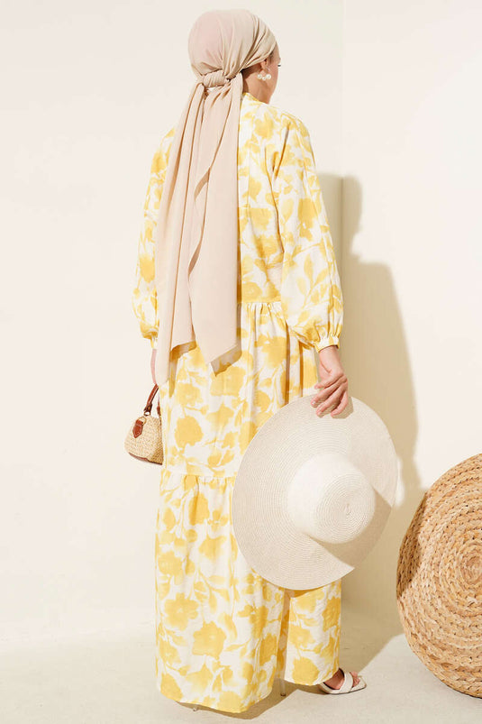 Yarım Düğmeli Ebruli Desen Elbise Sarı