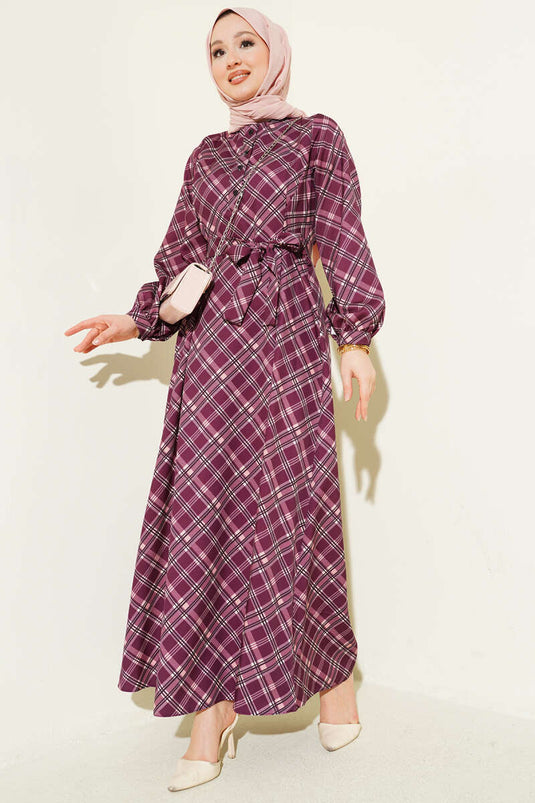 Half-Buttoned Checked Flared Dress in Burgundy