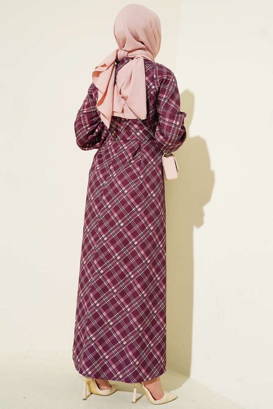 Half-Buttoned Checked Flared Dress in Burgundy