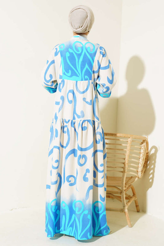 Yarım Düğmeli Etnik Desen Kat Elbise Mavi