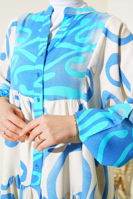 Yarım Düğmeli Etnik Desen Kat Elbise Mavi