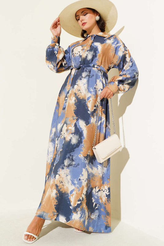 Kleid mit halben Knöpfen und Pinselmuster in Kamel