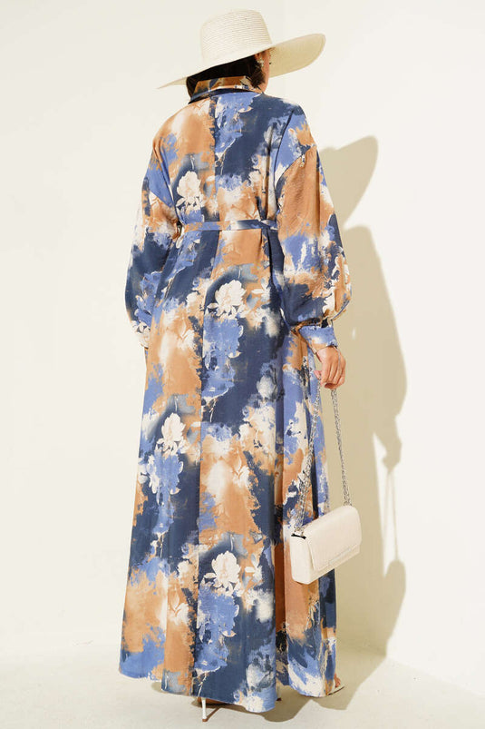 Kleid mit halben Knöpfen und Pinselmuster in Kamel